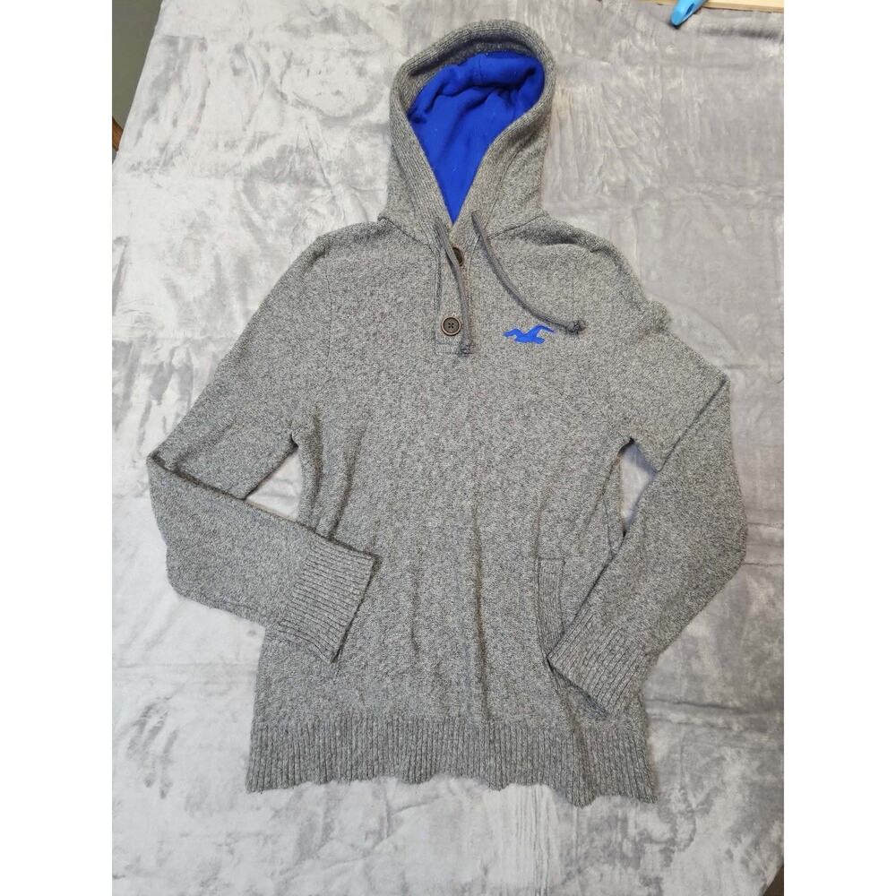 Y2K Women's Grey Hollister Hooded Pullover W/ Henley Button &Front Pocket Size L